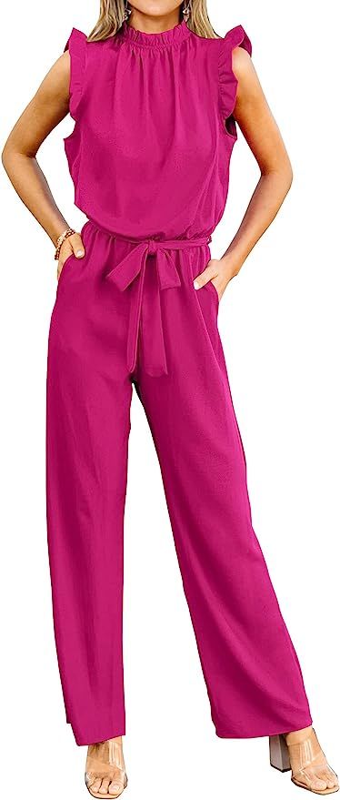 KIRUNDO Jumpsuits For Women Dressy One Piece Sleeveless Ruffle Mock Neck Belted Formal Wide Leg P... | Amazon (US)