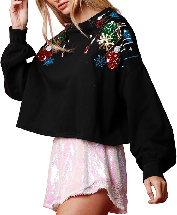 NUFIWI Christmas Cropped Sweatshirt for Women Colorful Funny Santa Long Sleeve Pullover Glitter X... | Amazon (US)