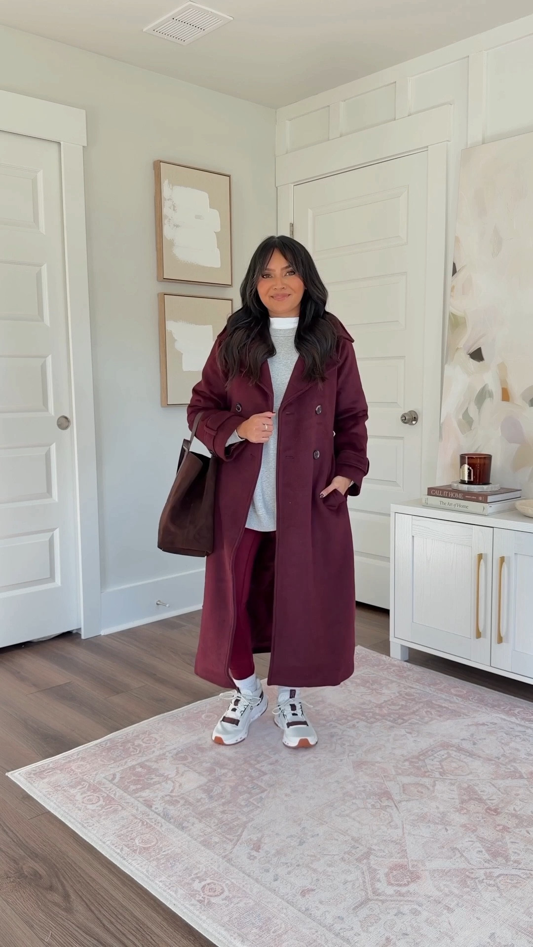 Burgundy red wine wool trench coat size xs petite TTS
Gray heather sweatshirt size xs TTS
White tee size xs petite TTS
Deep cherry burgundy size medium regular length - I like the longer length to tuck into boots and socks and I size up a size for a more comfortable waistband
Ice/mulberry sneakers size 6.5 TTS




#LTKStyleTip #LTKGiftGuide #LTKShoeCrush