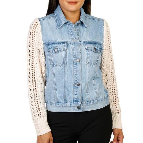 Women's Crochet Sleeve Denim Jacket - Light Wash-Light Wash-1360771835297   | Burkes Outlet | bealls