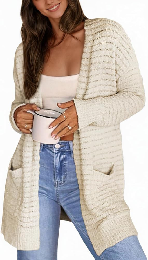 CiCiBird Women Long Cardigan Fuzzy Cardigan Sweater Open Front Knit Outwear Coat with Pocket | Amazon (US)
