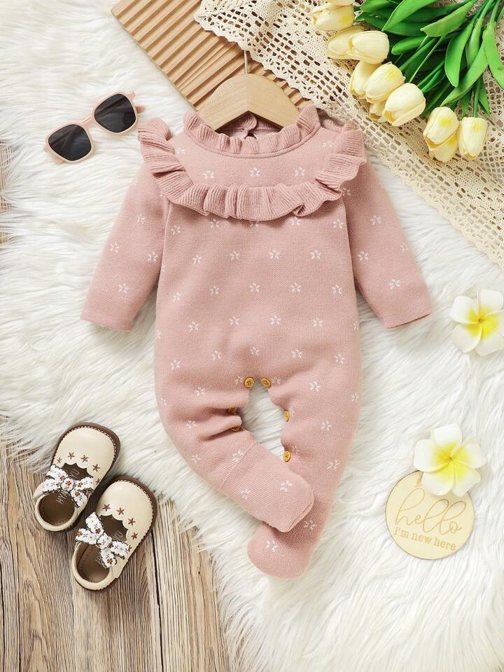 Baby Girl Ruffle Collar Cute Floral Pattern Sweater Footie, Autumn & Winter Fall Clothes | SHEIN