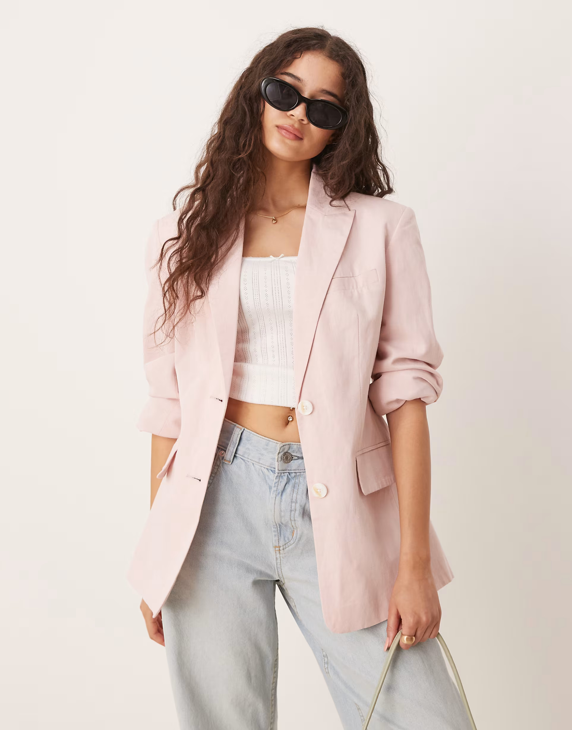 ASOS DESIGN molded hips linen blend blazer in pink | ASOS | ASOS (Global)