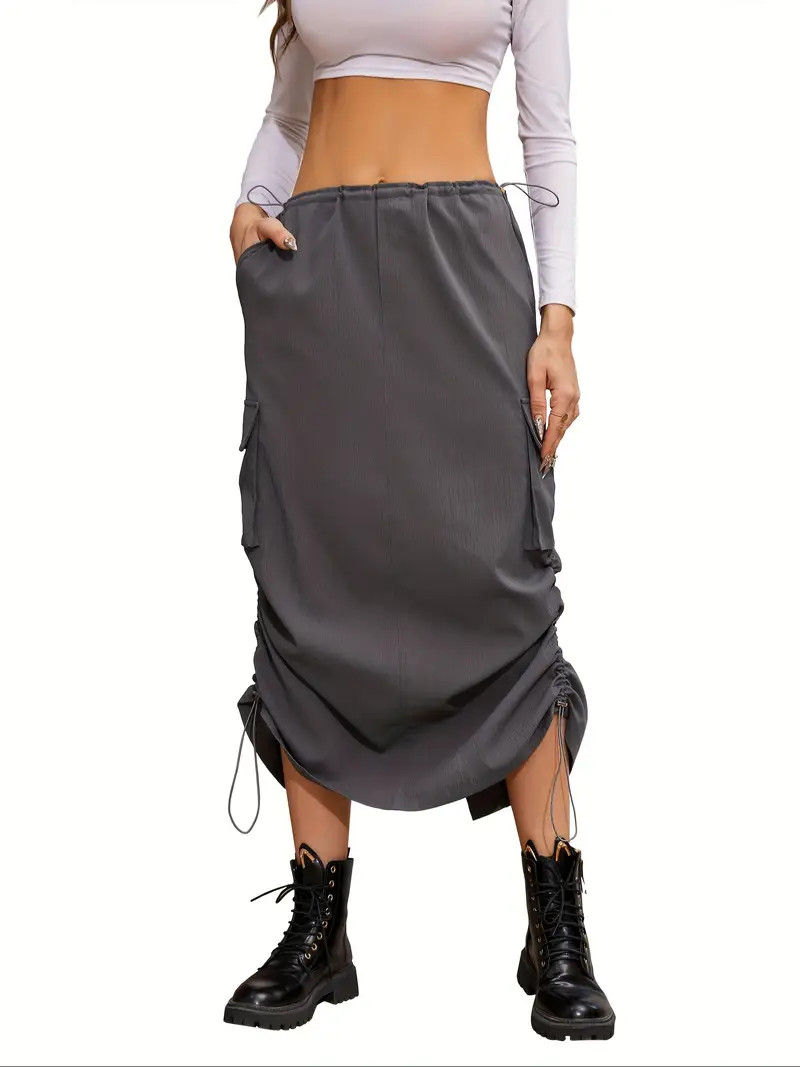 Drawstring Flap Pocket Cargo Skirt, Y2K Split Back Streetwear Midi Skirt, Women's Clothing | Temu Affiliate Program