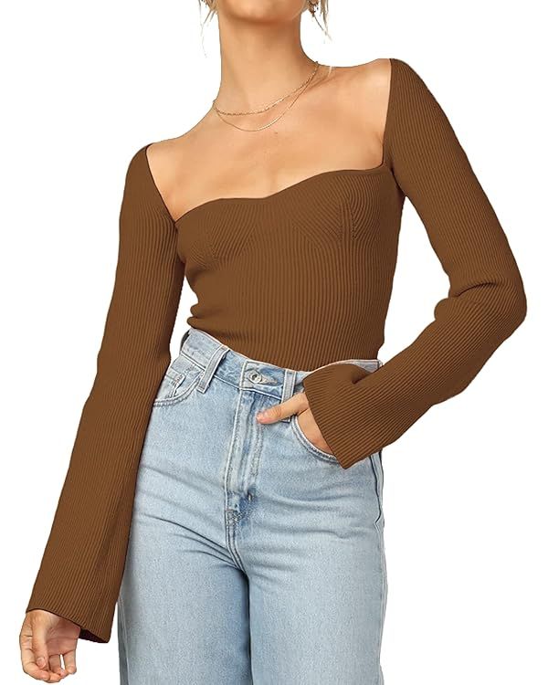 Womens Sweater Tops Sweetheart Neck Ribbed Bustier Corset Knit Long Sleeve Pullover Sweater Top | Amazon (US)