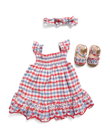 Newborn Girls Gingham Dress With Headband And Sandals | Polyester/Cotton | Marshalls