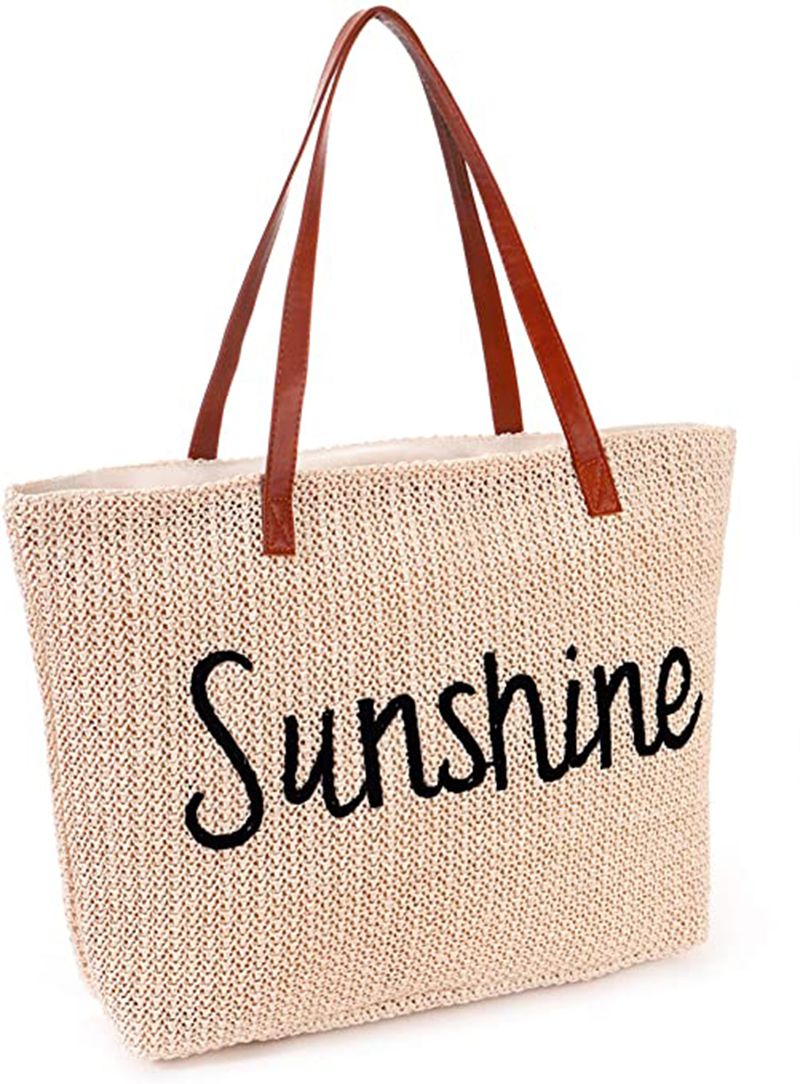 Extra Large Sandproof Straw Beach Bag with Zipper , Stitchwork Big Tote Bags with Inner Pockets ,... | Walmart (US)