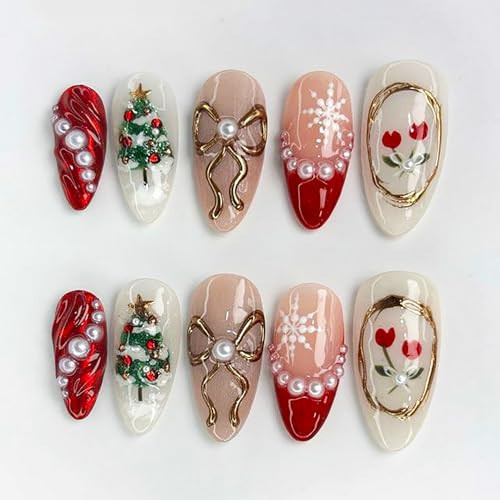 30Pcs Christmas Press on Nails Medium Almond Christmas Tree Fake Nails with Pearl Rhinestones Designs Red French Tip False Nail Xmas Winter Snowflake Acrylic Nails Gold Bow Stick on Nail for Women | Amazon (US)
