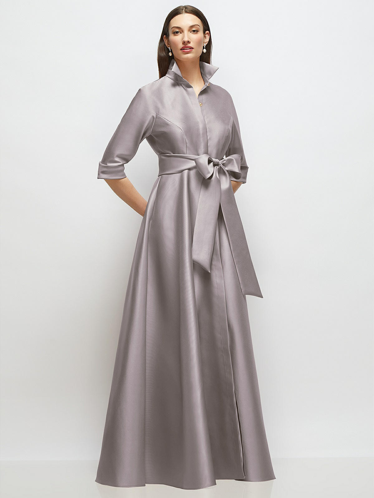 3/4 Sleeve Satin Shirt Dress Gown with Sash and Jeweled Buttons in Cashmere Gray | Dessy Group