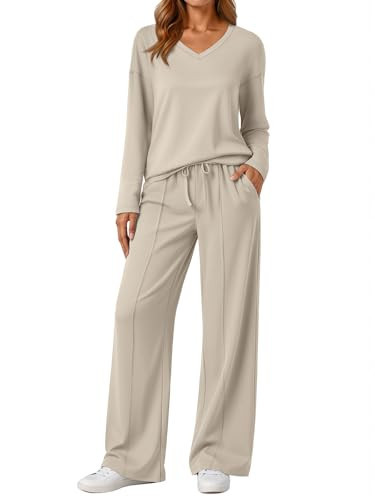 AUTOMET Sweatsuits Women 2 Piece Outfit Fashion Travel Lounge Sets With Wide Leg Pants Airport Track Suits Fall Clothes 2026 Khaki M | Amazon (US)