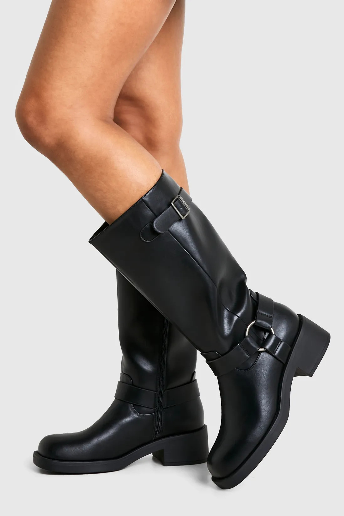 Boots | Textured Harness Detail Biker Knee High Boot | boohoo | Boohoo.com (UK & IE)