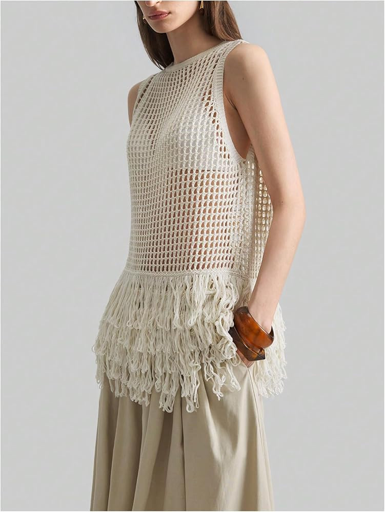 Milumia Women's Hollow Out Fringe Knitted Tank Top Sexy Sheer Sleeveless Long Sweater Vests | Amazon (US)