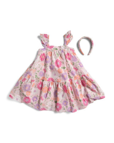 Little Girls Ruffle Sleeve Printed Dress With Headband | TJ Maxx