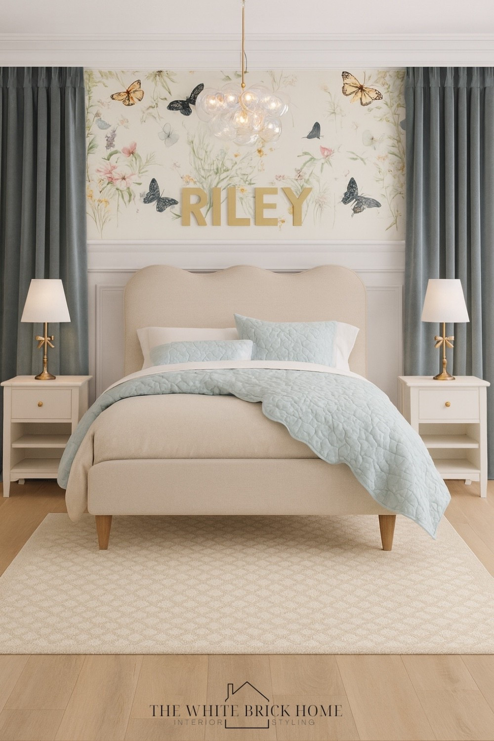 This charming bedroom design blends elegance with whimsical details, like this butterfly wall mural. Add some personalized gold accents, like a wall name above a bed, or these bow lamps for a timeless accent.

Girls room, girls bedroom, kids room, kids bedroom, bedroom decor, bedroom ideas, girls room blue, blue bedroom, girls room butterfly, butterfly bedroom, girls room lamp, girls room bedding, girls room bed, girls room lighting, girls room decor ideas, girls room wall name, girls room rug, girls room wallpaper, pottery barn teen, Etsy 

#LTKStyleTip #LTKKids #LTKHome