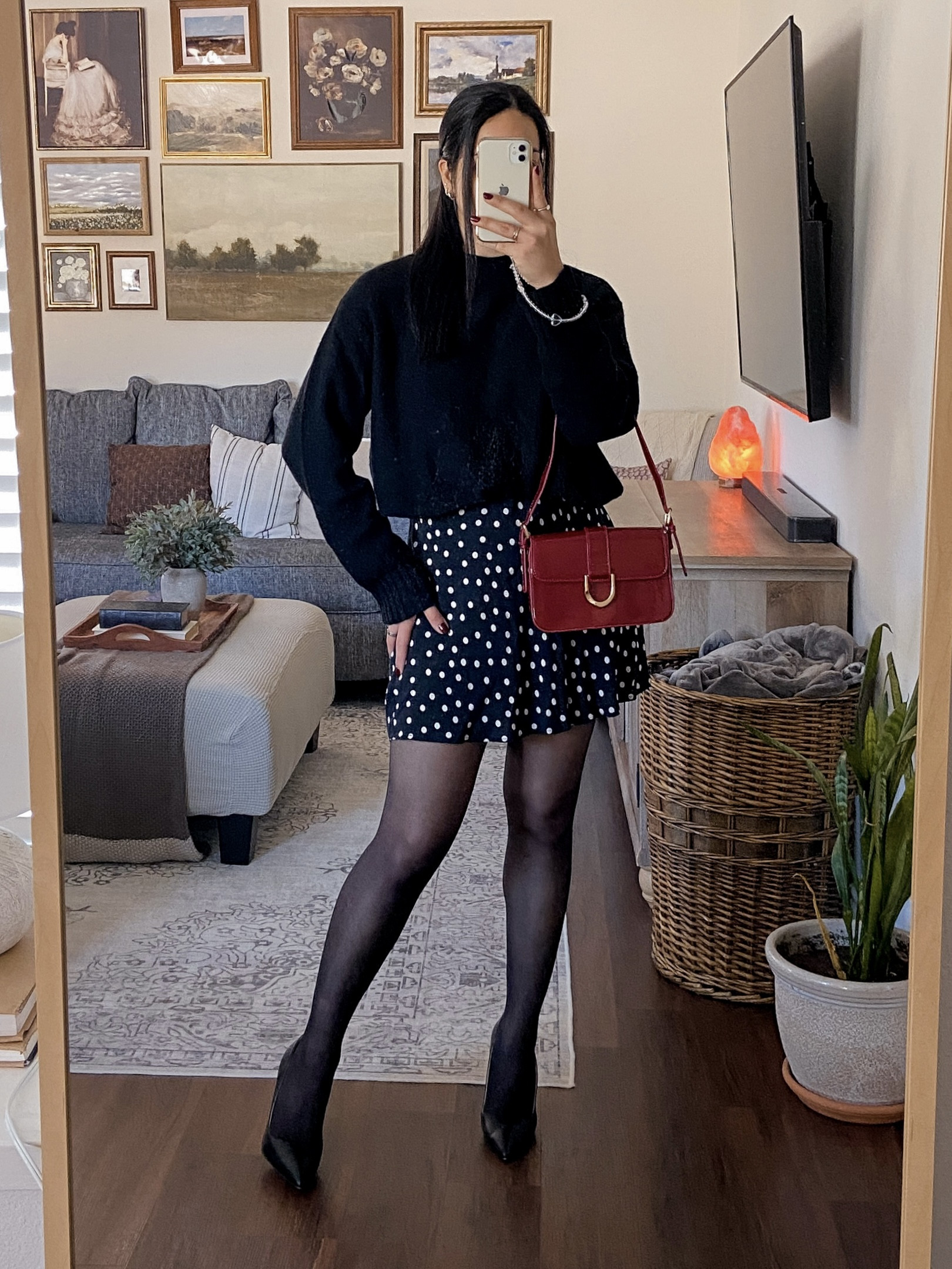 polka dots and pumps ♥️ black polka dot mini dress outfit, polka dot fall outfit, layered sweater outfit, fall dress layered with sweater, black knit sweater outfit, chic fall outfit idea, polka dot dress styling, fall date night outfit, fall outfit with tights, pointed toe pumps outfit, burgundy bag outfit, classy fall outfit, neutral fall styling, cozy chic fall look, casual chic fall style, elevated fall outfit, amazon fashion inspo, fall wardrobe staples, feminine fall outfit, dress and sweater layered look, fall outfit formula, classic black outfit, cozy elegant outfit, stylish fall outfits 2025  

 #LTKGiftGuide #LTKHoliday #LTKootd