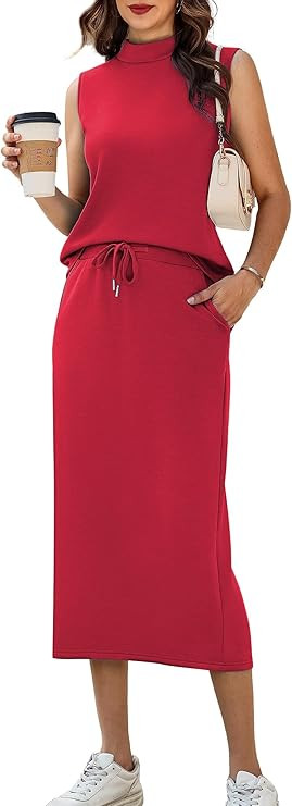 Casly Lamiit Women's 2 Piece Set Summer Casual Sleeveless Mock Neck Top Drawstring Midi Skirts Lo... | Amazon (US)