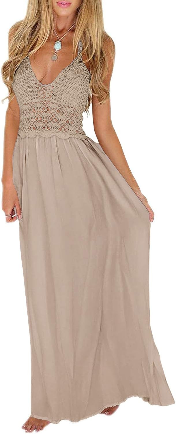 LILBETTER Women's Beach Crochet Backless Bohemian Halter Maxi Long Dress | Amazon (US)