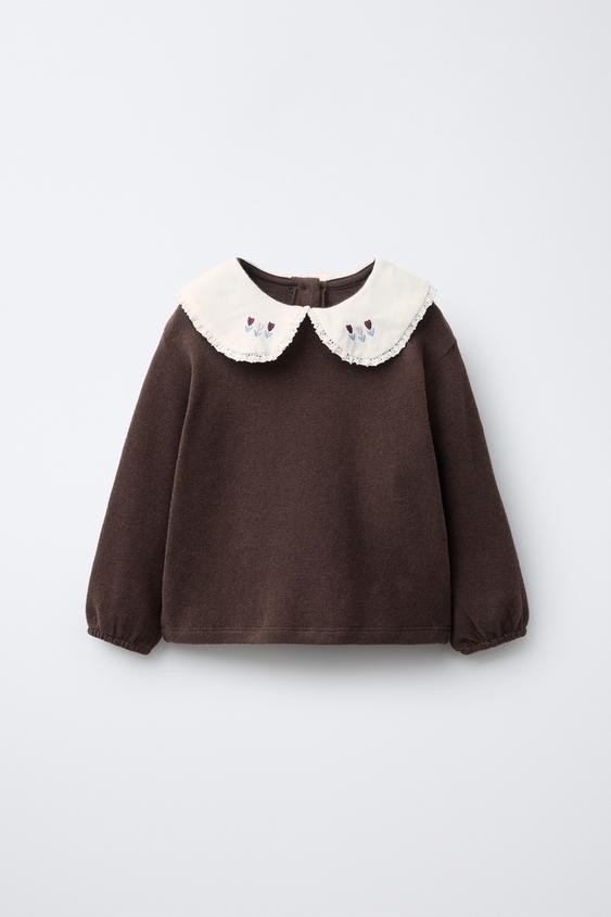 EMBROIDERED SOFT TOUCH PETER PAN COLLAR TOP | Zara US
