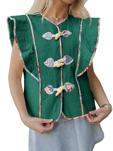 Tankaneo Womens Puffer Vest Ruffle Sleeveless Floral Patchwork Quilted Vest Wooden Toggle Padded ... | Amazon (US)