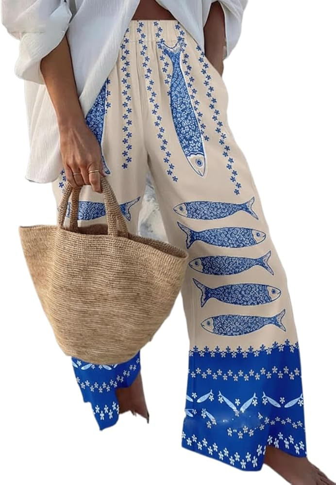 Women Wide Leg Pants, Elastic High Waist Loose Trousers, Casual Summer Beach Vacation Palazzo Pan... | Amazon (US)