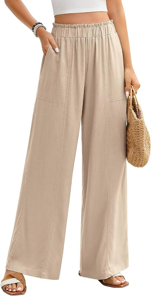 Women's Linen Palazzo Pants Summer Flowy Wide Leg Trousers Elastic Waist Casual Boho Pants Vacati... | Amazon (US)