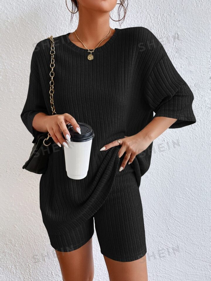 SHEIN Essnce Drop Shoulder Ribbed Knit Tee & Biker Shorts | SHEIN