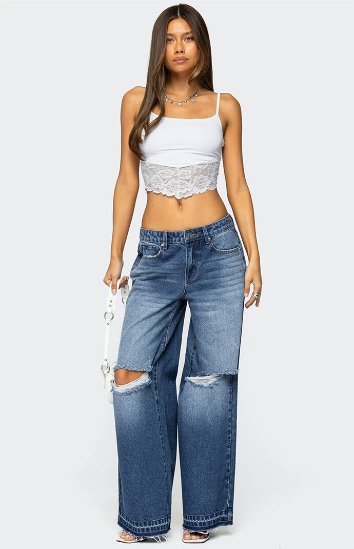 Edikted Women's Xenia Distressed Low Rise Jeans in Blue - Size Large | PacSun