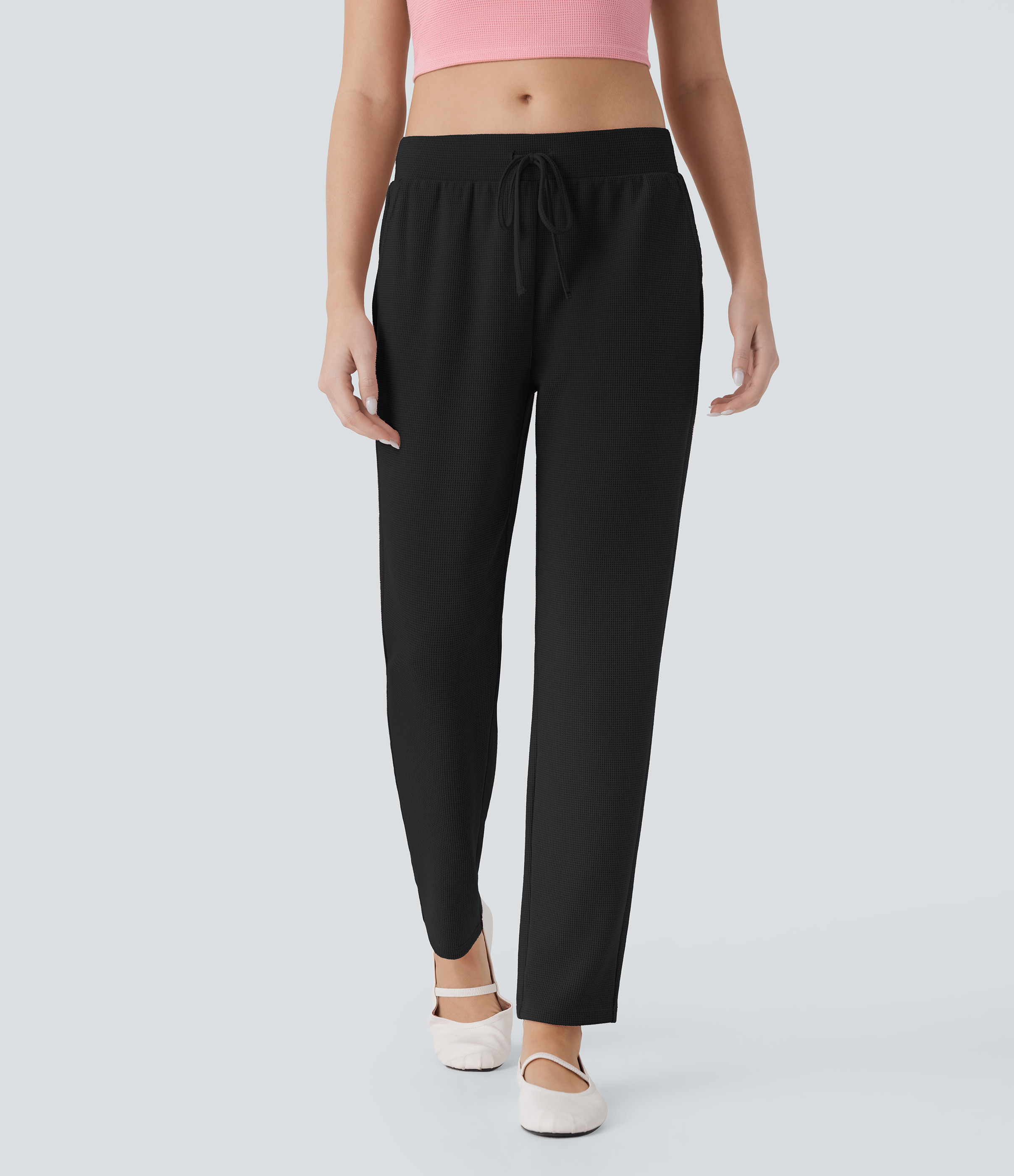 Halara Low Rise Drawstring Pocket Tapered Waffle Lounge Pants - Black - XL(regular) | HALARA