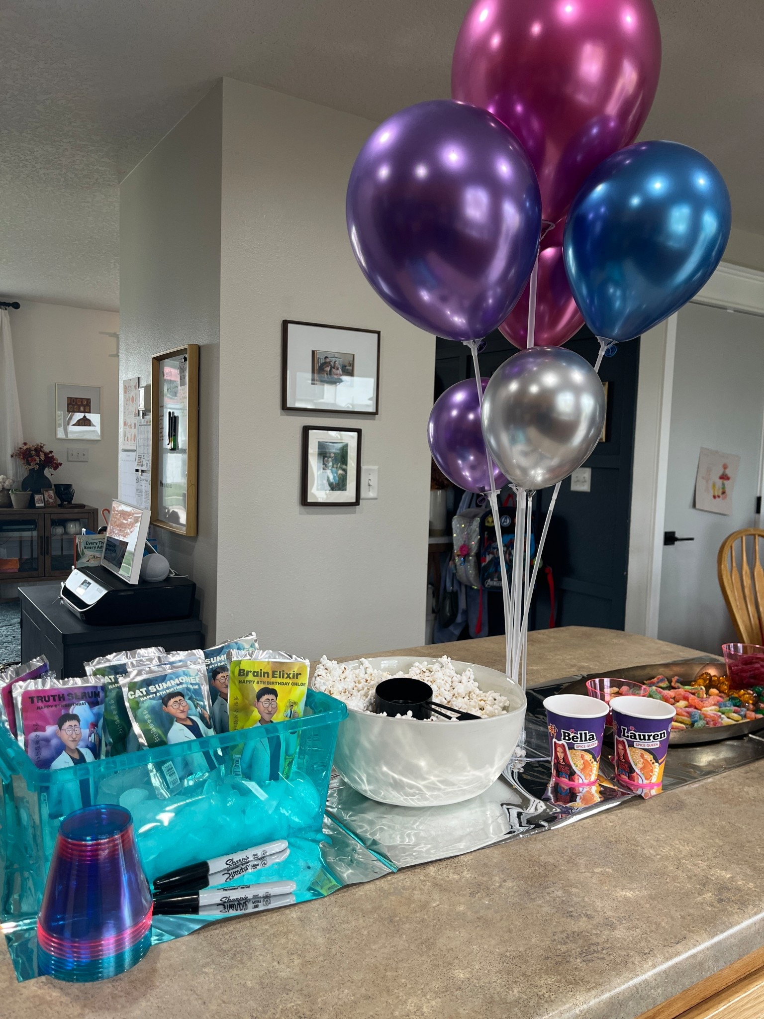 Kpop Demon Hunters birthday party! We had Dr. Han juice pouches and ramen cups to fill up with popcorn and candy. These balloon stands are the bets for parties!

#LTKParties #LTKFamily #LTKKids