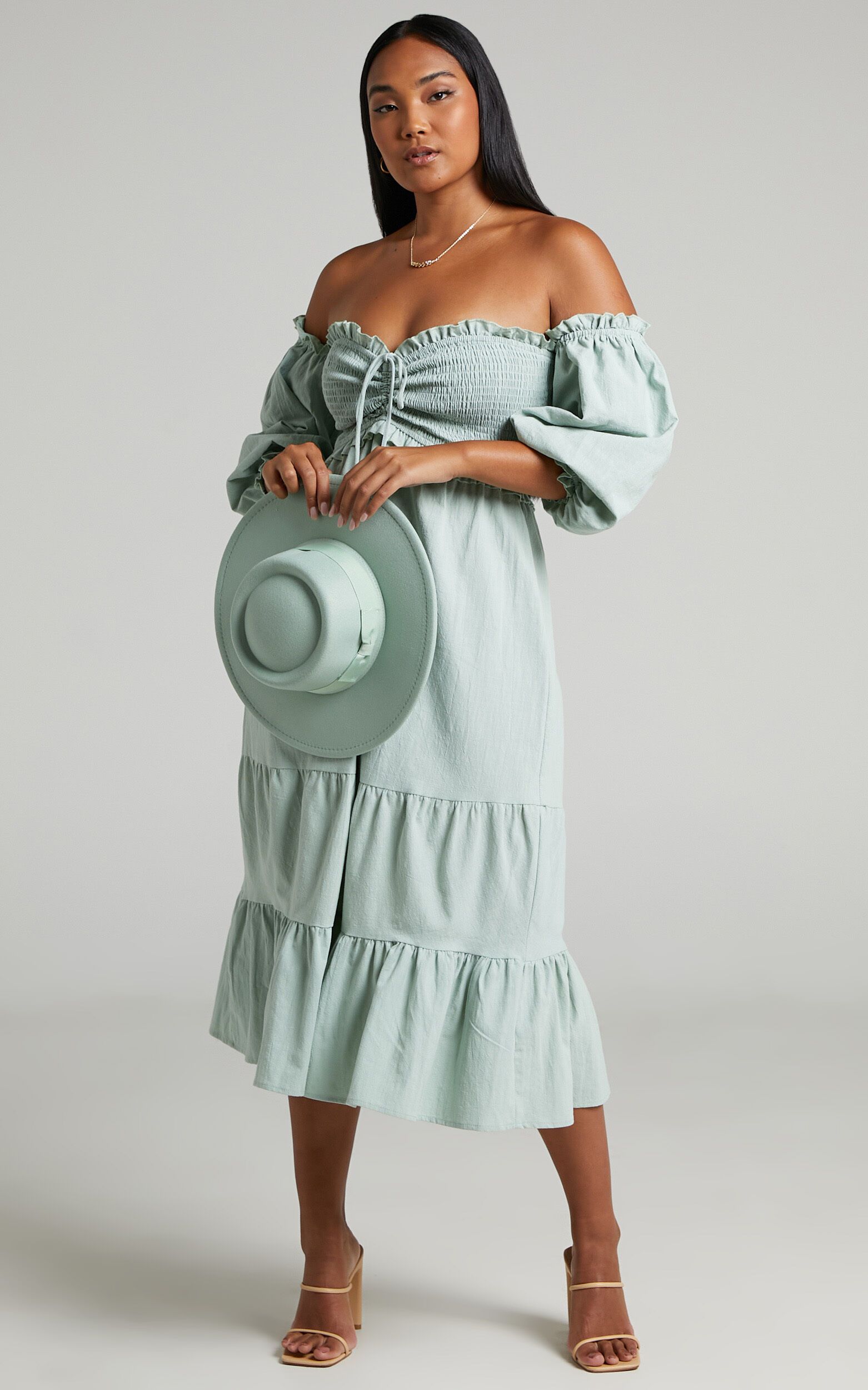 Nikka Shirred Off Shoulder Puff Sleeve Midi Dress in Sage | Showpo | Showpo - deactived