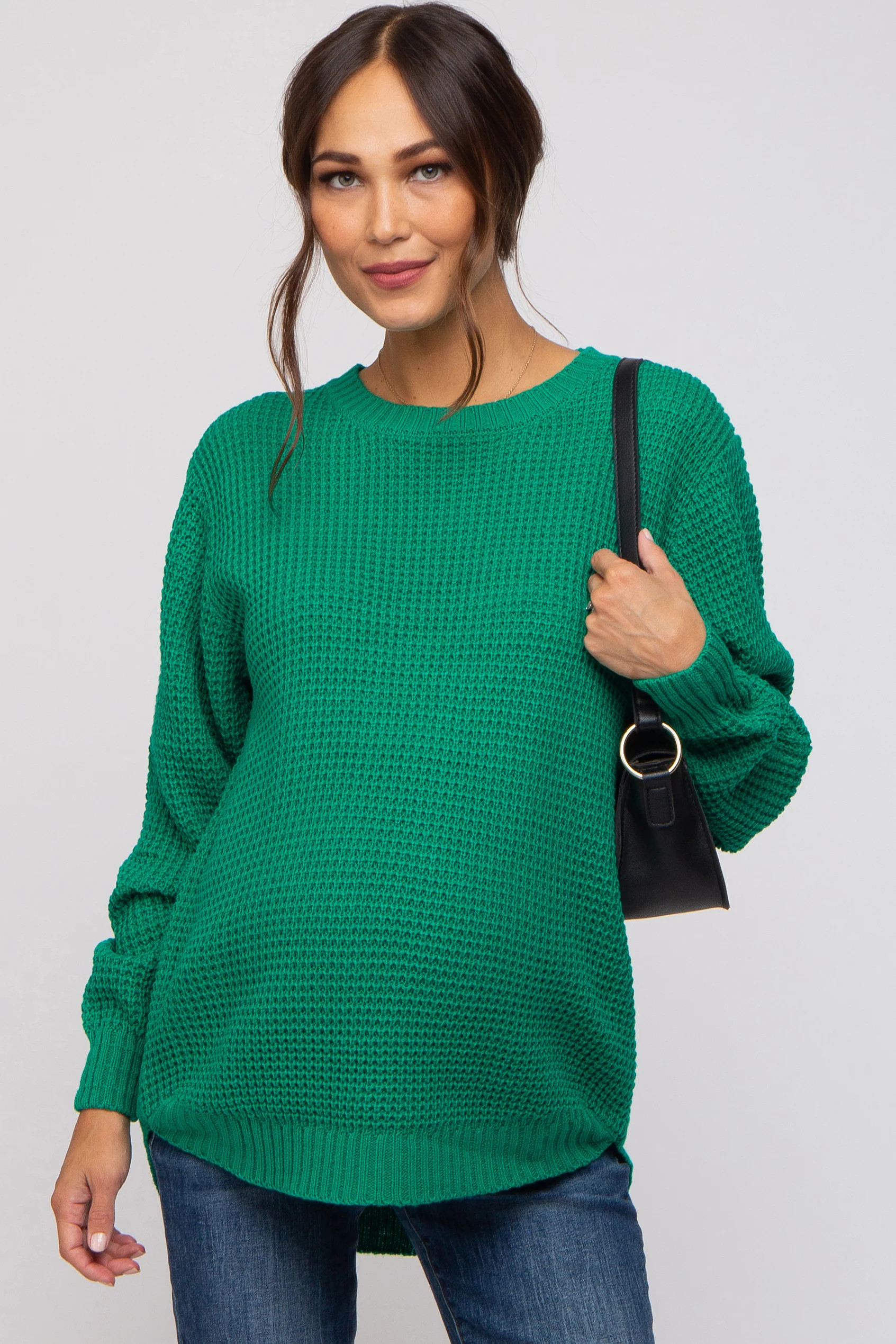 Emerald Green Waffle Knit Round Hem Maternity Sweater | PinkBlush Maternity