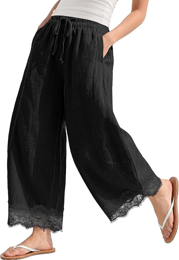 TARSE Womens Linen Wide Leg Cropped Lace Trim Pants | Amazon (US)