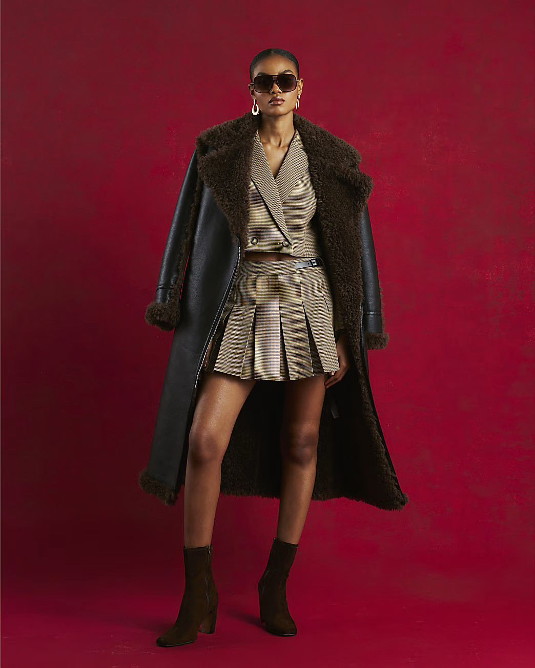 Brown Dogtooth Buckle Kilted Skort | River Island UK & IE