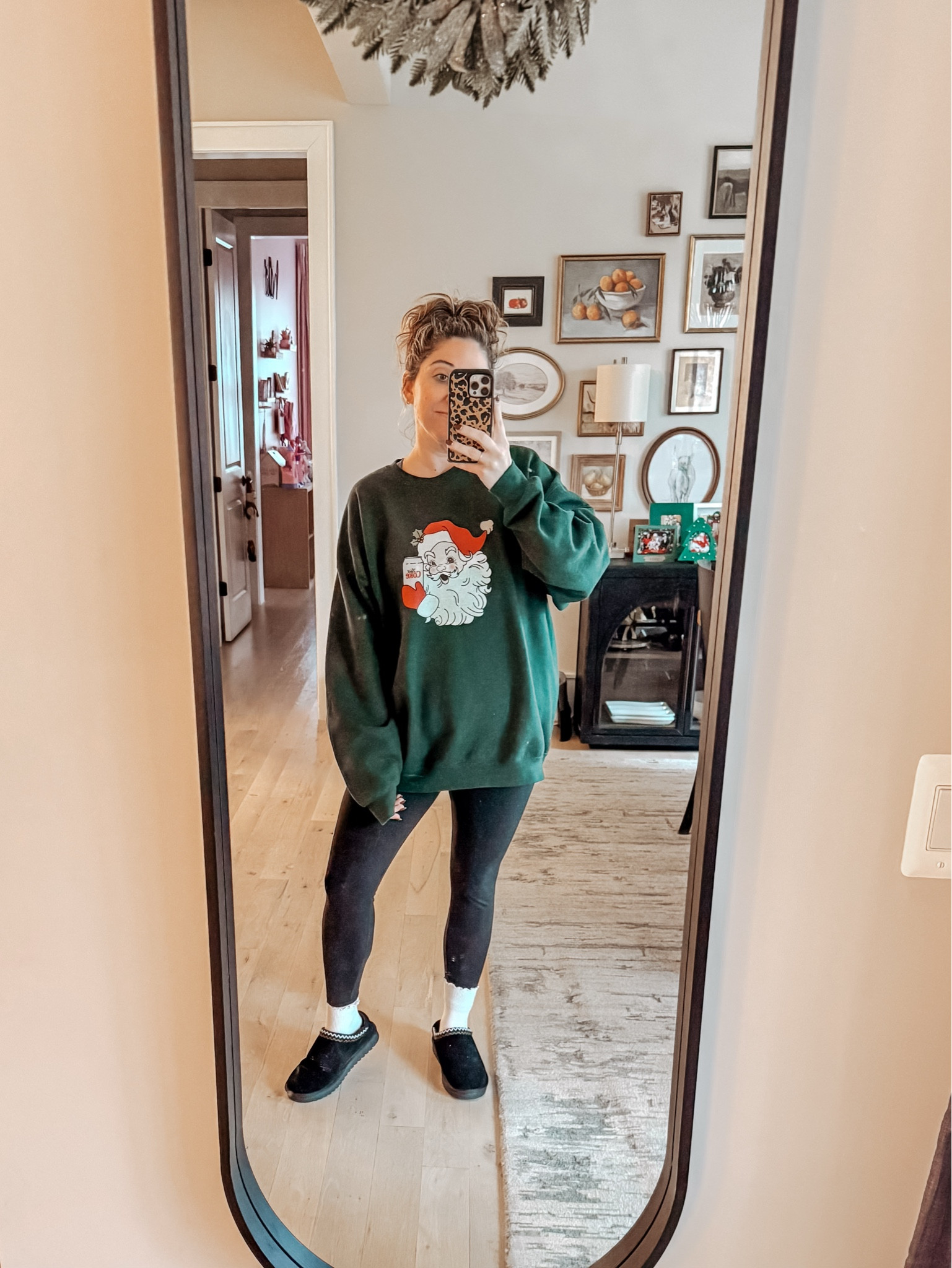 I mean who doesn’t wear Santa drinking a Diet Coke sweatshirts while they decorate for Christmas?! Hopefully everyone! Hah! Love this Etsy find I got last year! Such great quality too! 
Sweatshirt XL / Fleece leggings M / Slides tts 

#LTKMidsize #LTKootd #LTKHoliday