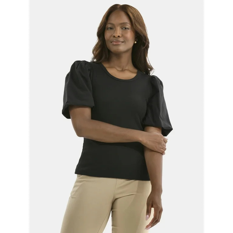 Time And Tru Women's Mixed Media Top with Short Puff Sleeves, Sizes XS-XXXL | Walmart (US)
