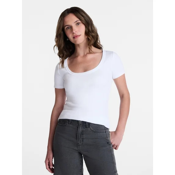 Time and Tru Women's Ribbed Scoop Neck Tee with Short Sleeves, Sizes XS-XXXL | Walmart (US)