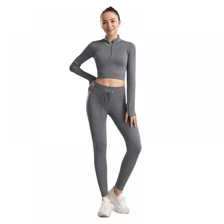 Ribbed Workout Sets for Women Zipper Sport Crop Top High Waist Running Drawstring Leggings Gym Two P | Walmart (US)