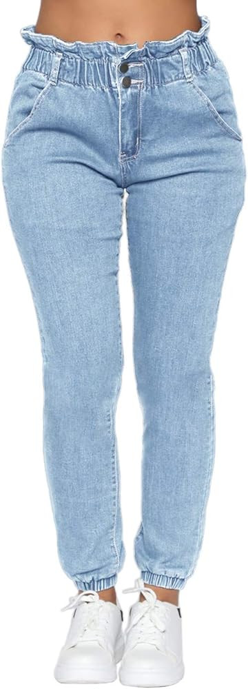 Pofash Women's Denim Jogger Elastic Waist Ankle Cuff Pants Jeans with Buttons Pockets | Amazon (US)