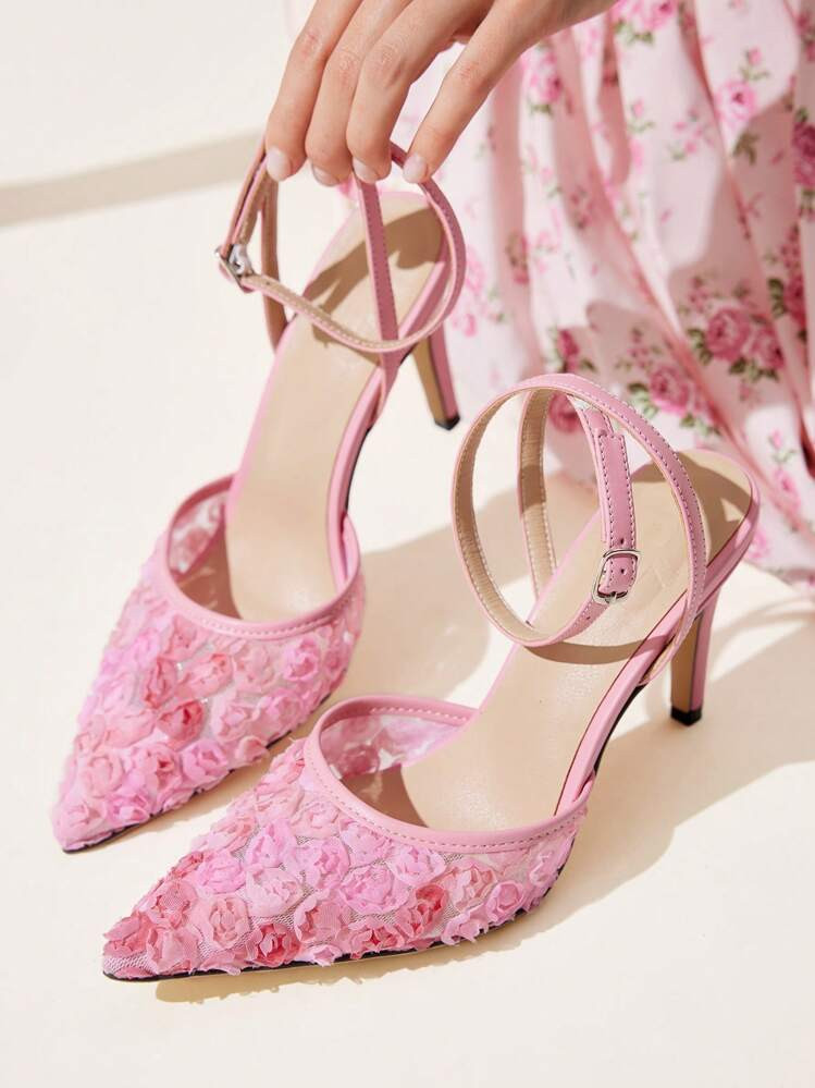 CUCCOO CHICEST Women's Pointed Toe Floral Rose High Heel Shoes, Elegant Sweet Romantic Fashion Pink Mesh Ankle Strap Pumps, Suitable For Formal Occasions, Weddings, Parties, Dates, Holidays, Christmas, Thanksgiving, New Year, Valentine's Day Elegant Shoes Wedding Shoes Summer Shoes Bride Shoes | SHEIN