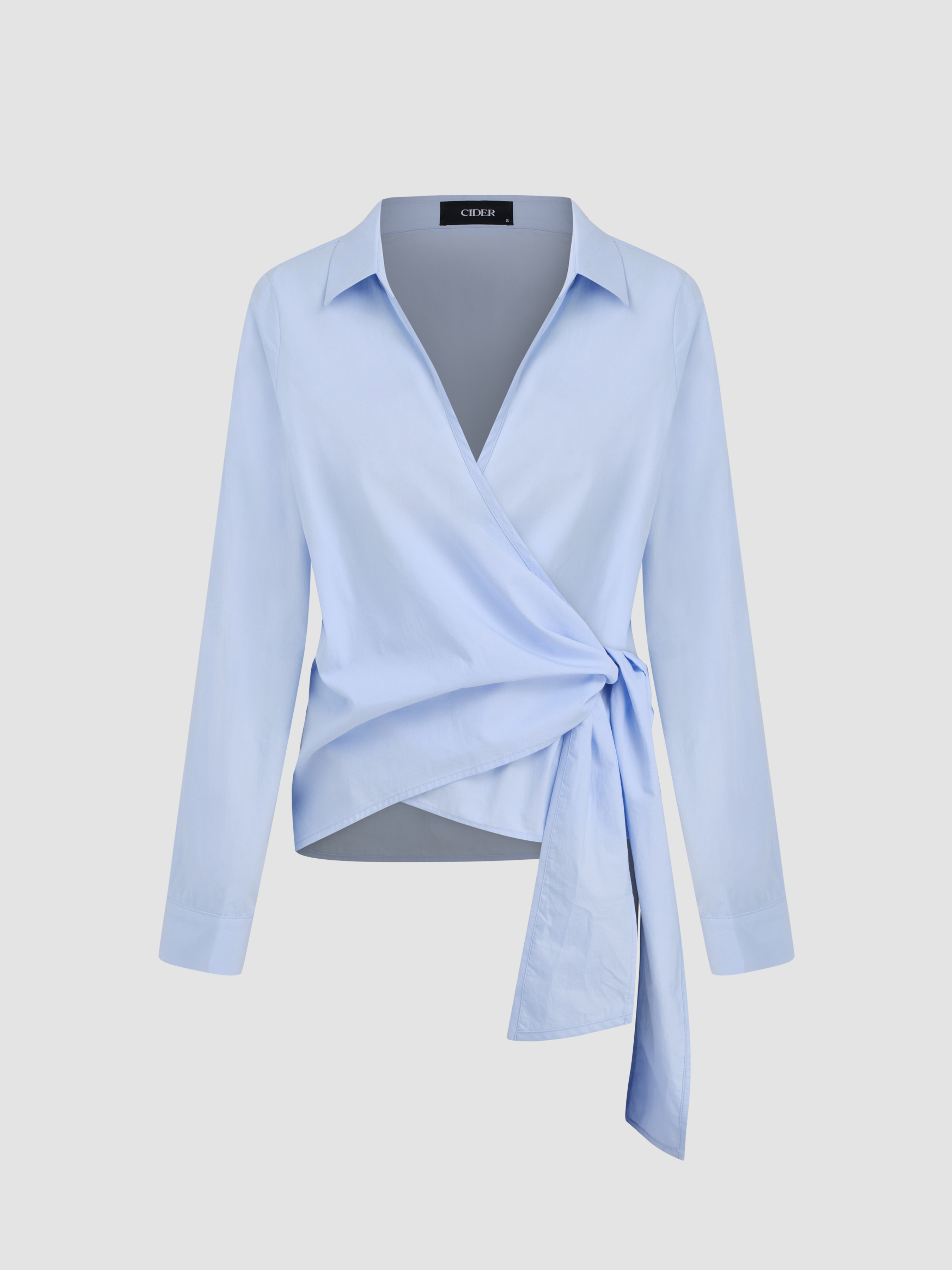 Woven 100% Cotton V-neck Solid Knotted Long Sleeve Blouse For Work | Cider