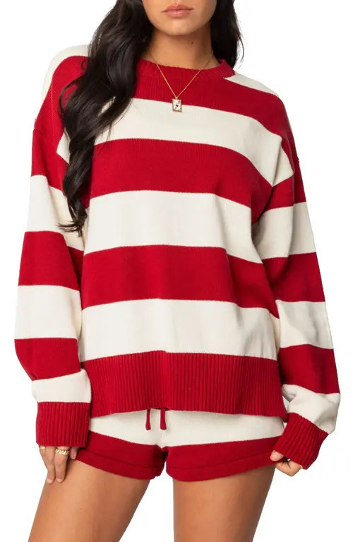 EDIKTED Riley Stripe Oversize Sweater in Burgundy-And-Cream at Nordstrom, Size Small | Nordstrom