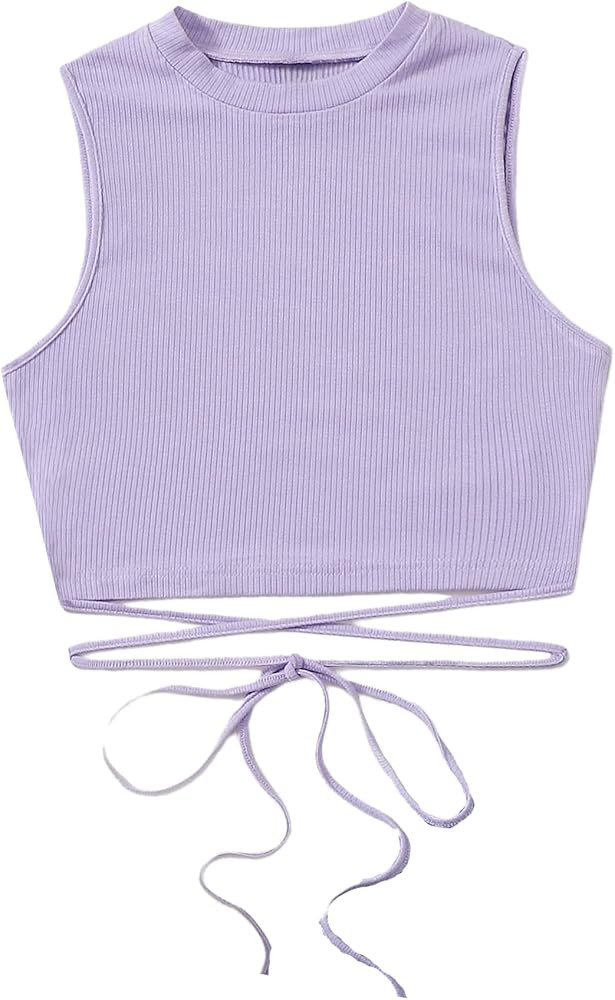 SheIn Women's Crisscross Tie Back Crop Top Sleeveless Round Neck Tank Tops | Amazon (US)