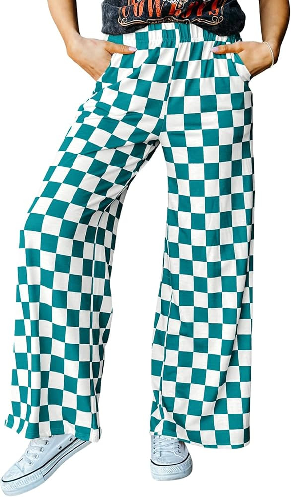 Acelitt Women's Summer Checkered Palazzo Pants Flowy Wide Leg Beach Trousers with Pockets | Amazon (US)