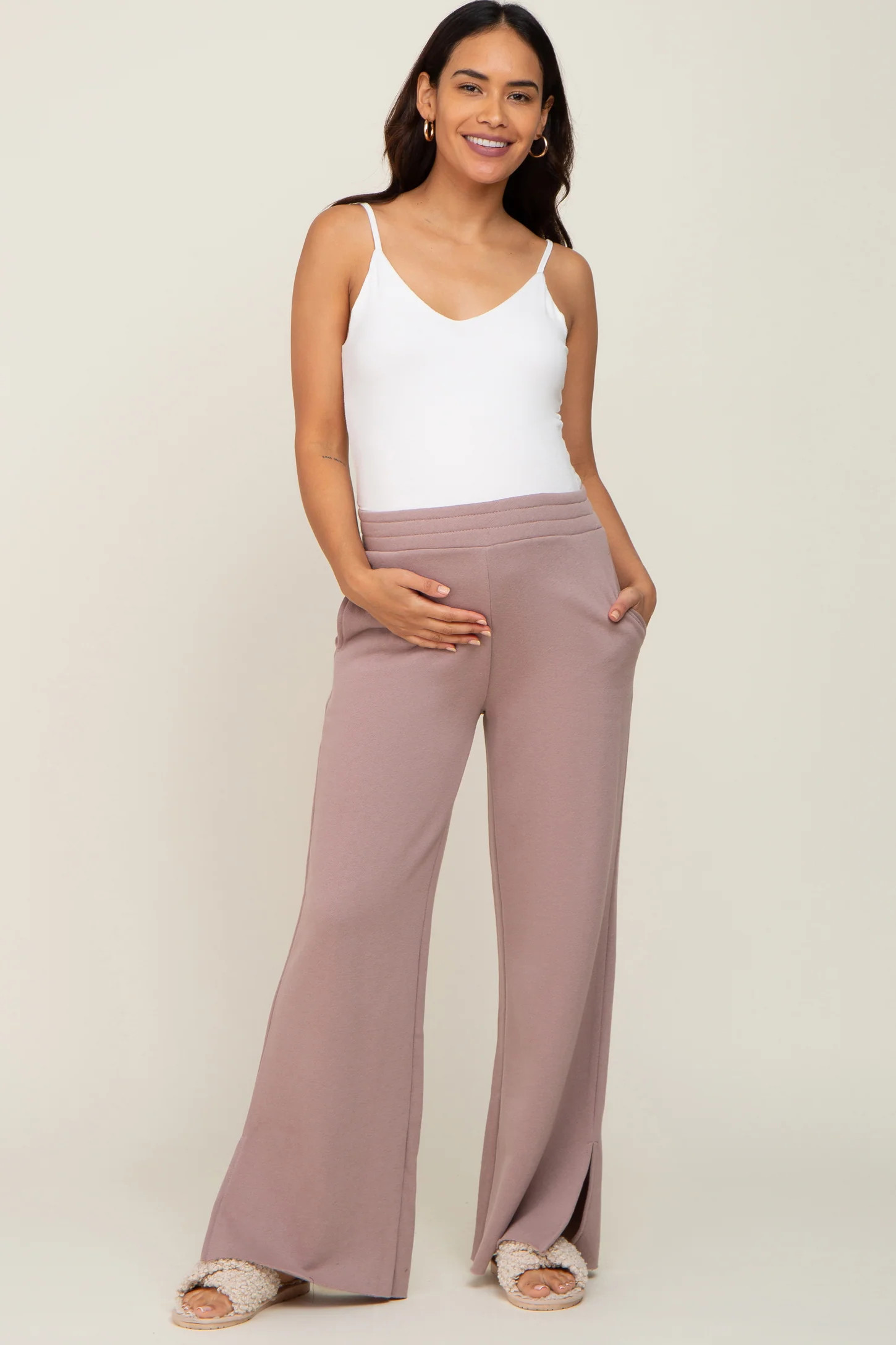 Mocha Soft Wide Leg Side Slit Maternity Sweatpants | PinkBlush Maternity