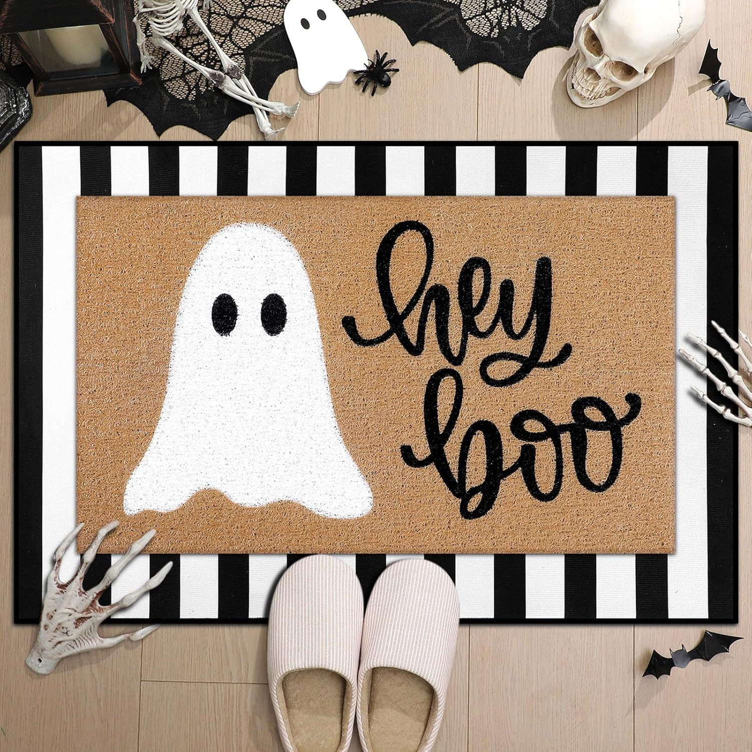 2 Pcs Halloween Doormat Hey Boo Ghost Outdoor Welcome Mats for Front Door Non Slip Ghost Coir Flo... | Amazon (US)