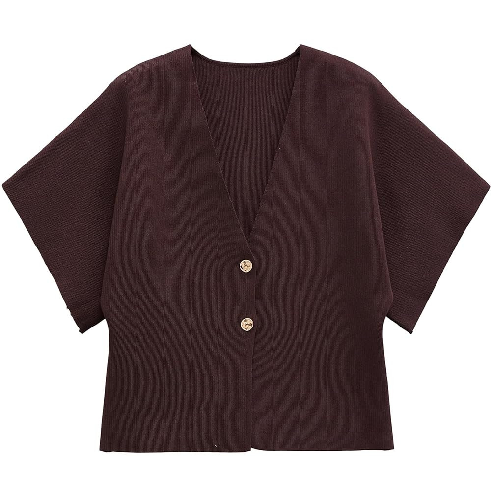 hathne Women's V Neck Short Sleeve Cardigan Sweater Button Down Ribbed Knit Tops | Amazon (US)