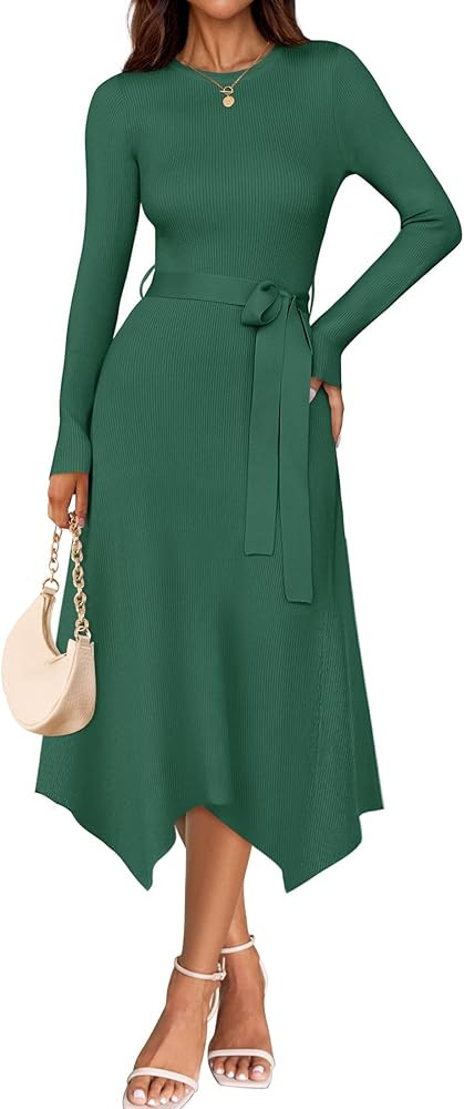 ZESICA Women's 2024 Fall Long Sleeve Crewneck Ribbed Knit High Waist Midi Sweater Dresses with Be... | Amazon (US)