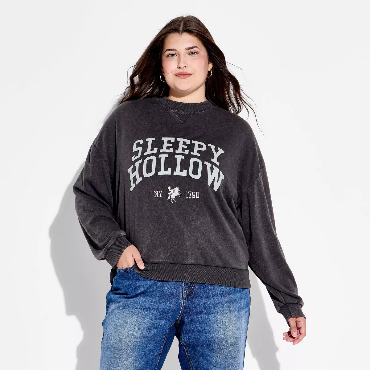 Women's Crewneck Sleepy Hollow Graphic Sweatshirt - Washed Black 1X | Target