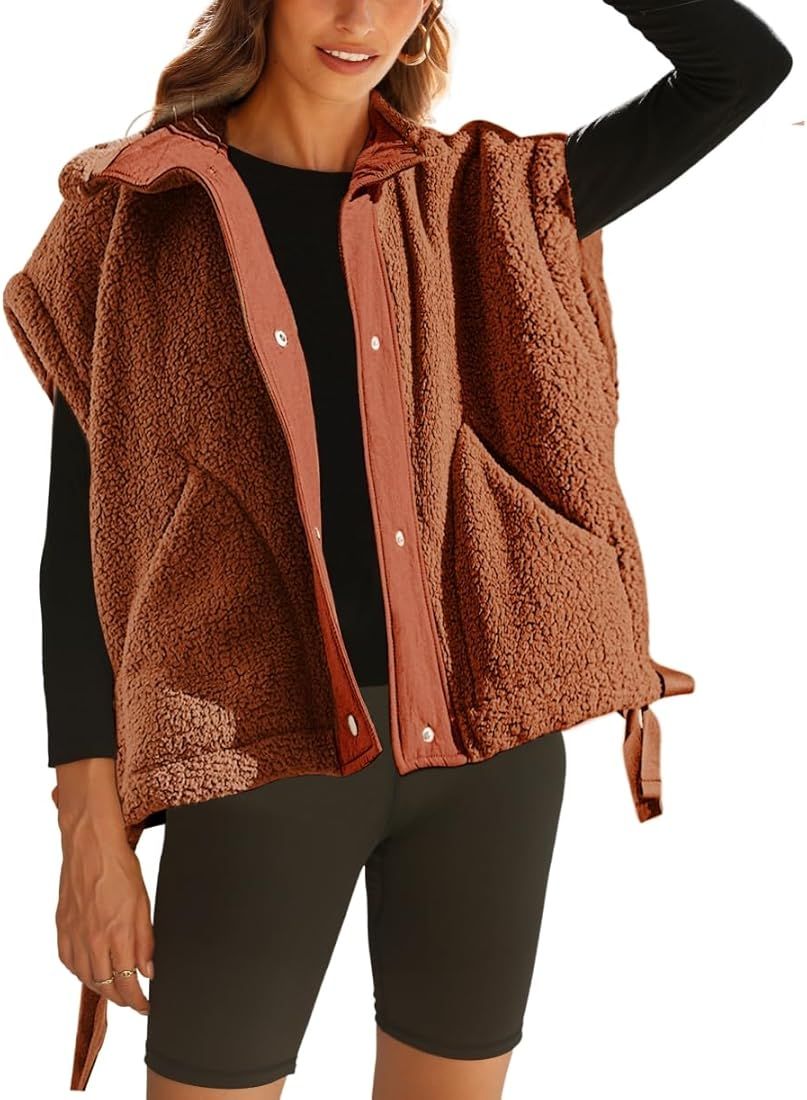 Yozazzy Women's Oversized Fleece Vest Casual Sleeveless Fuzzy Sherpa Jacket Winter Warm Button Do... | Amazon (US)