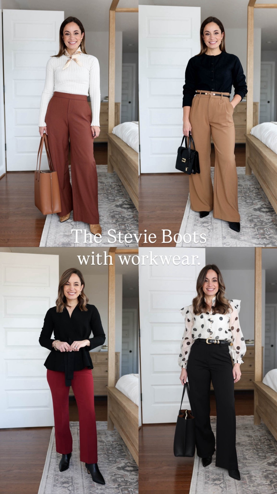 The Stevie Boots with workwear! 

Linking what I can here, some of the pants are sold out. 

Outfit 1
Pants (BR Factory): petite 00/xxs 
Top (Quince): xs Outfit

Outfit 2 
Sweater (Quince): xs 
Pants (Abercrombie): 24 short 

Outfit 3 
Pants (J.Crew): petite 0 - recommend sizing up 
Top (Aritzia): xxs 

Outfit 4 
Pants (Ann Taylor): petite 00 
Top (Ann Taylor): petite xxs 

#LTKPetite #LTKWorkwear